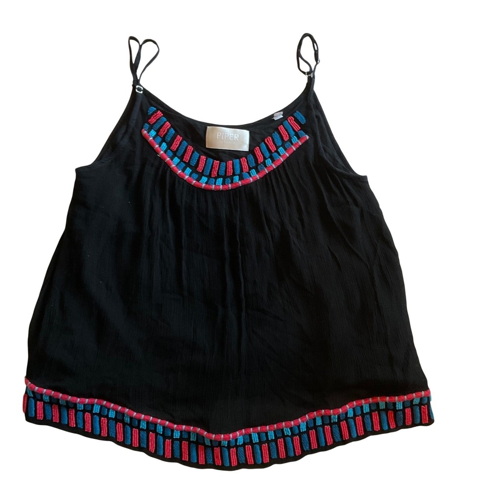 PIPER by TOWNSEN women's BOHO chic drape embroidered beaded top black viscose M